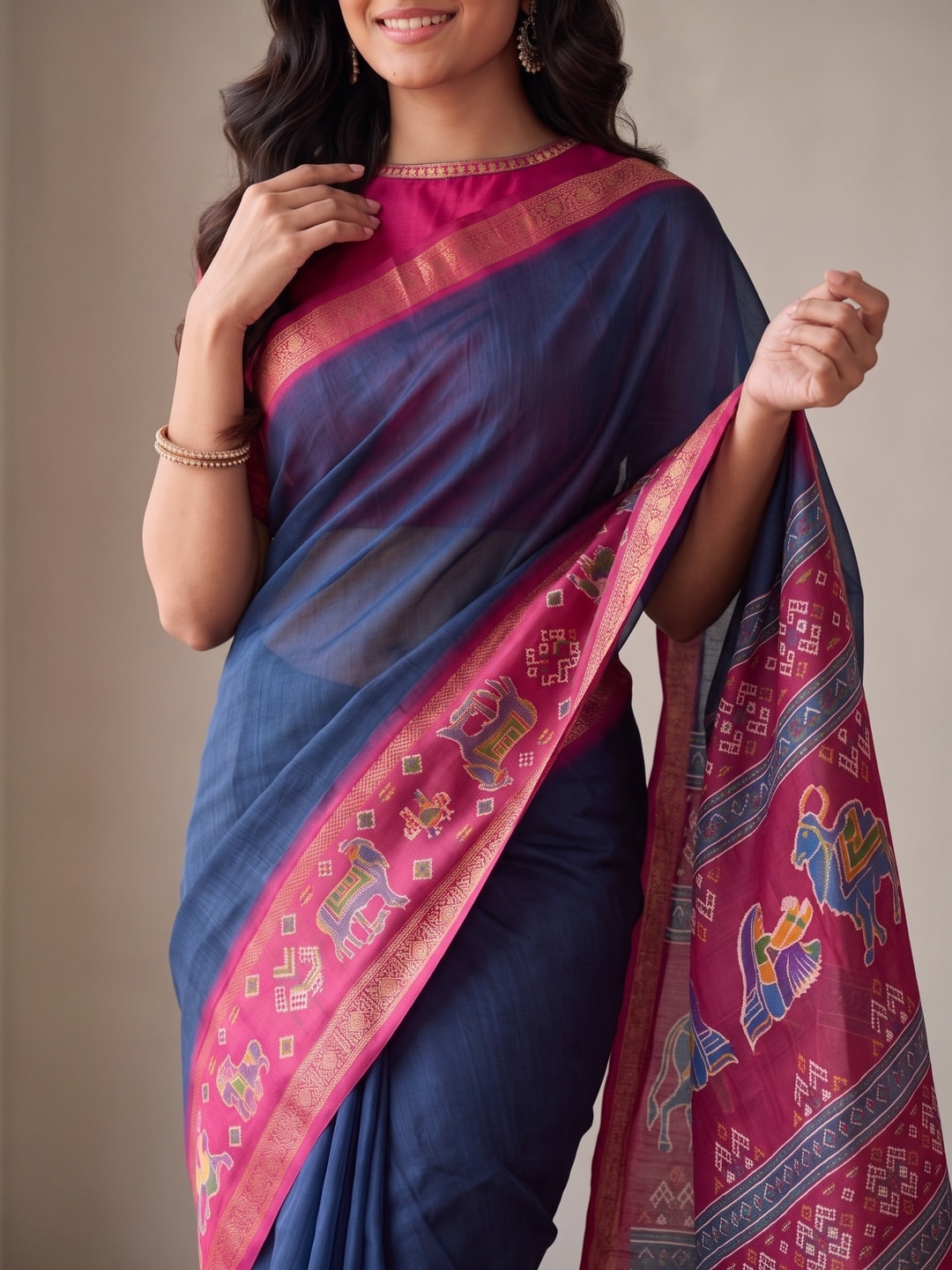 Peachmode Navy Blue Pure Monroe Silk Saree With Bentex Jacquard And Digital Print Pallu - Image 5