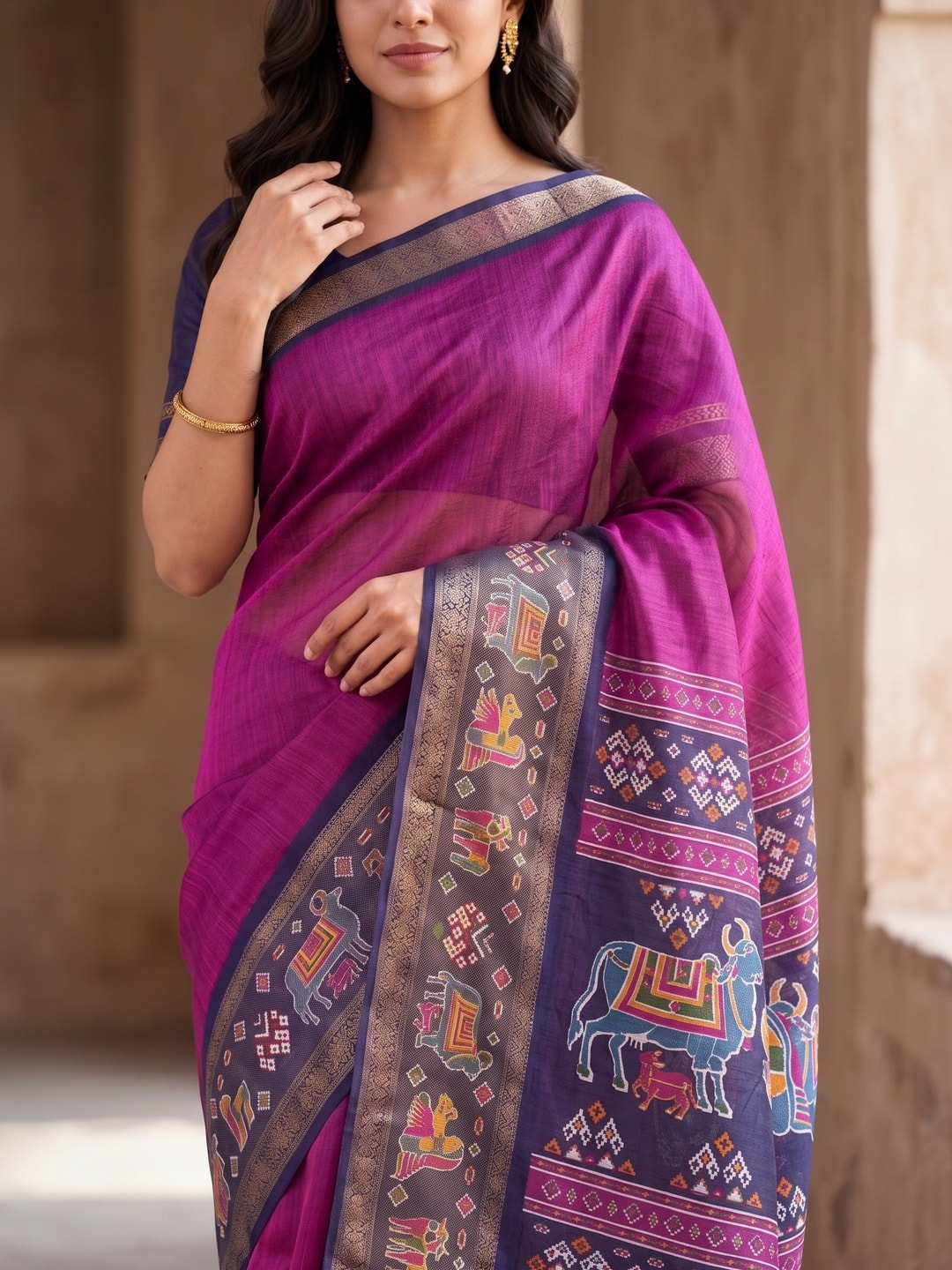 Peachmode Magenta Pure Monroe Silk Saree With Bentex Jacquard And Digital Print Pallu - Image 5