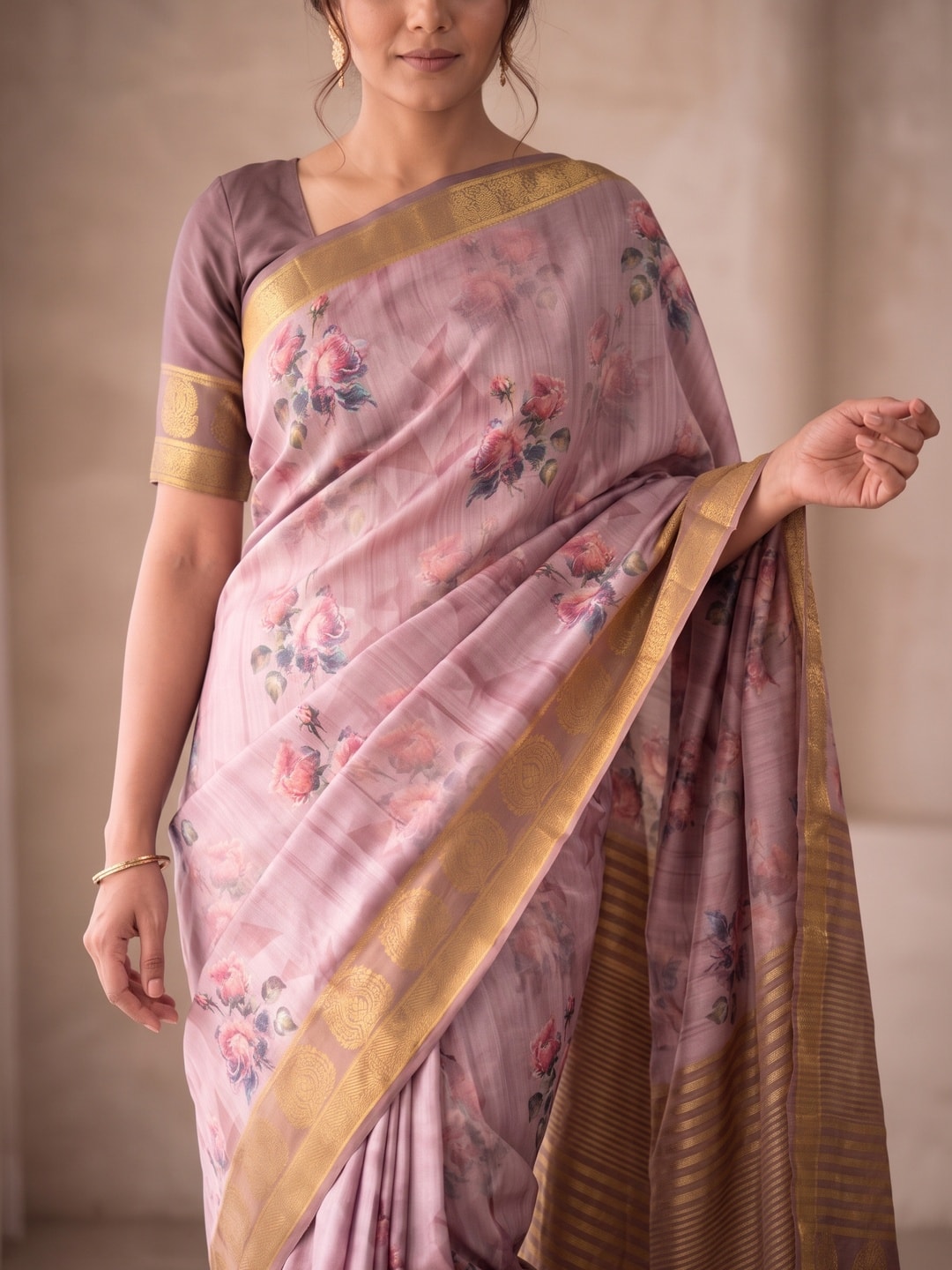 Peachmode Mauve Pure Katan Silk Saree With Jacquard Weaving Pallu And Digital Floral Print - Image 5