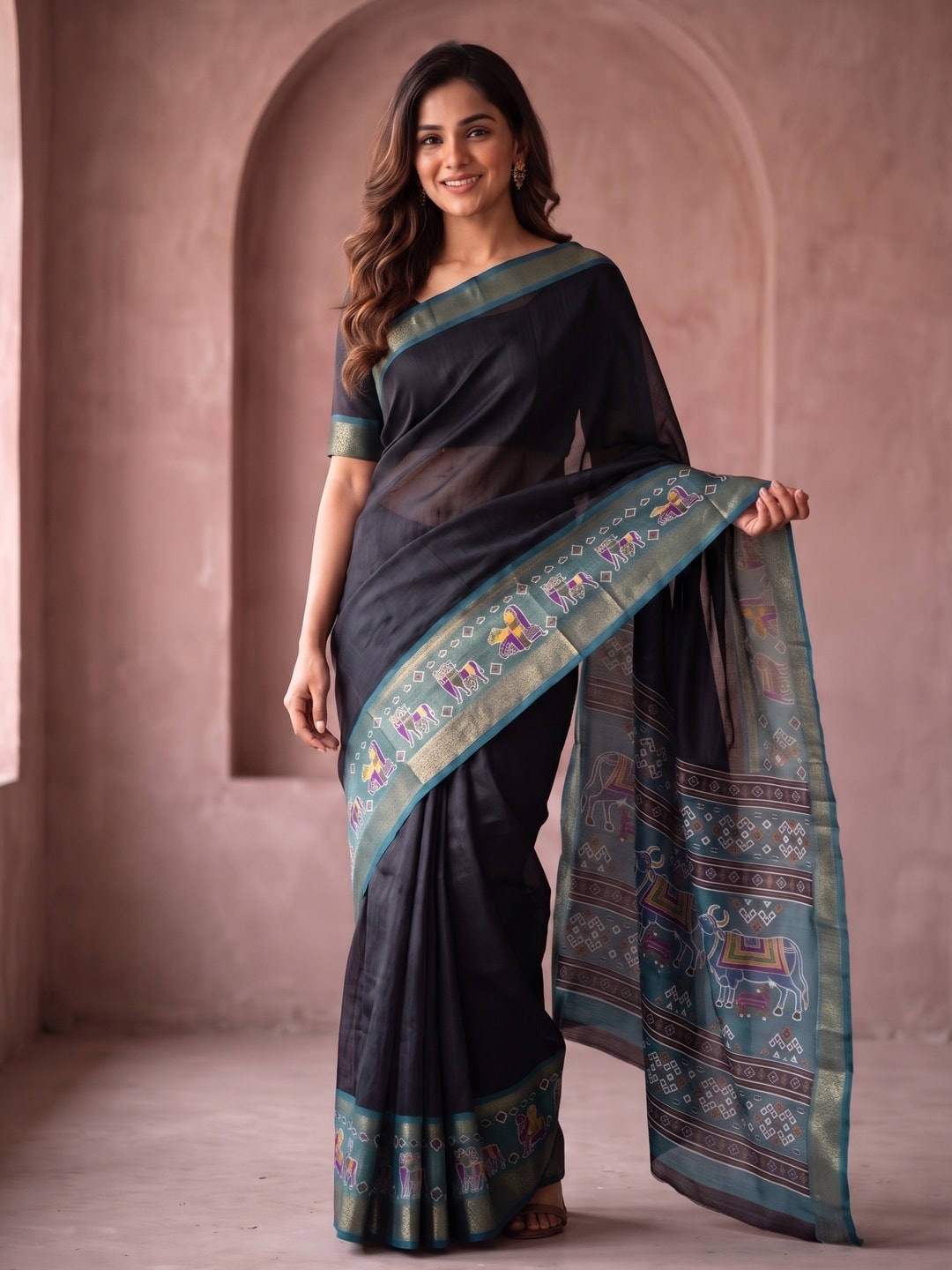 Peachmode Black Pure Monroe Silk Saree With Bentex Jacquard And Digital Print Pallu - Image 1