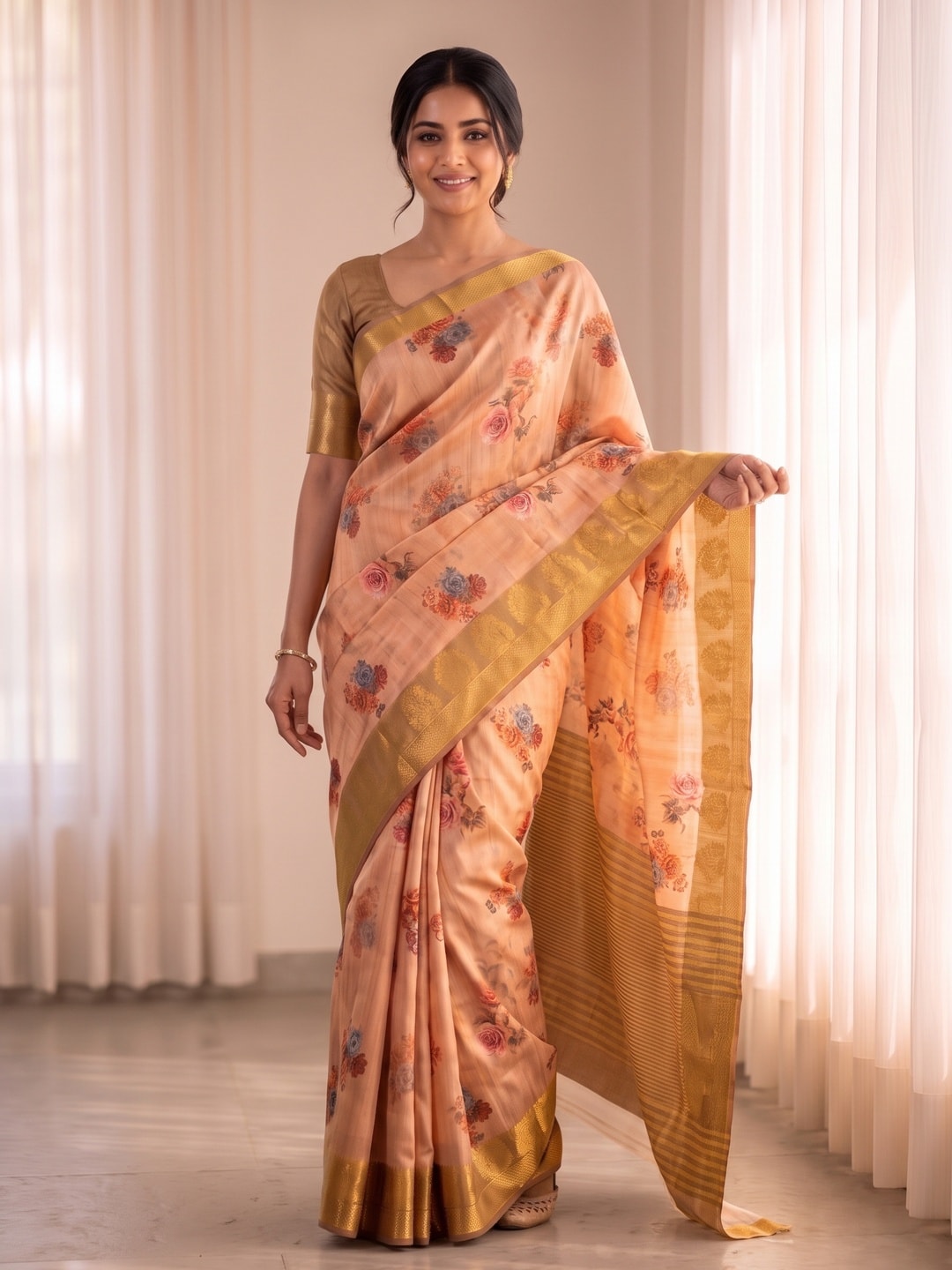 Peachmode Peach Pure Katan Silk Saree With Jacquard Weaving Pallu And Digital Floral Print - Image 1