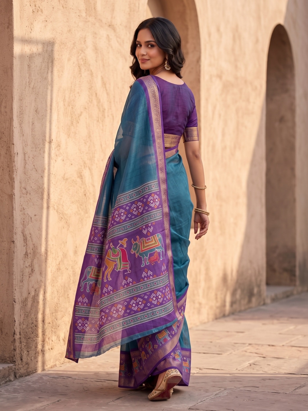 Peachmode Teal Pure Monroe Silk Saree With Bentex Jacquard And Digital Print Pallu - Image 2