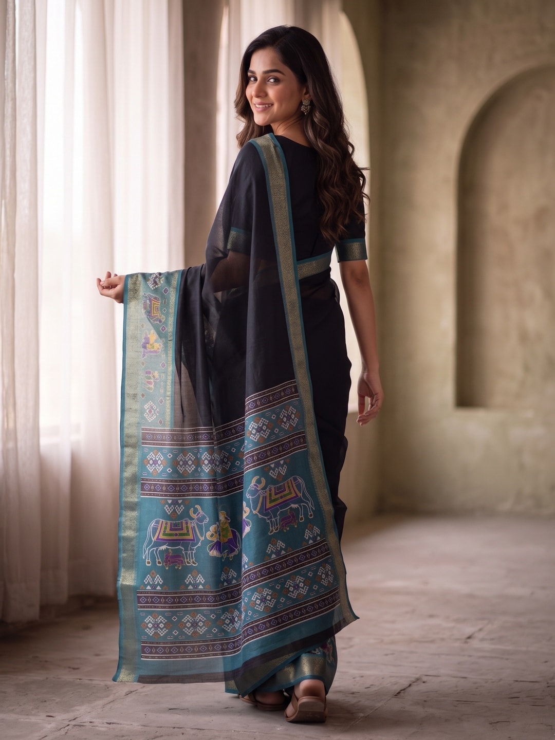 Peachmode Black Pure Monroe Silk Saree With Bentex Jacquard And Digital Print Pallu - Image 2