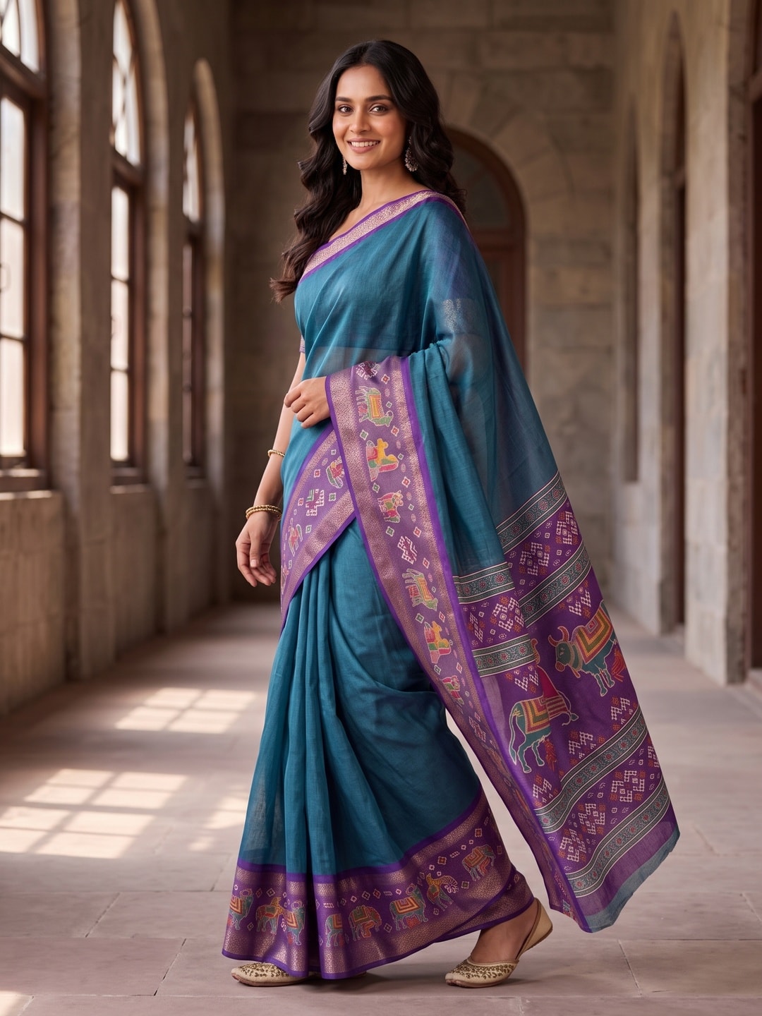Peachmode Teal Pure Monroe Silk Saree With Bentex Jacquard And Digital Print Pallu - Image 3