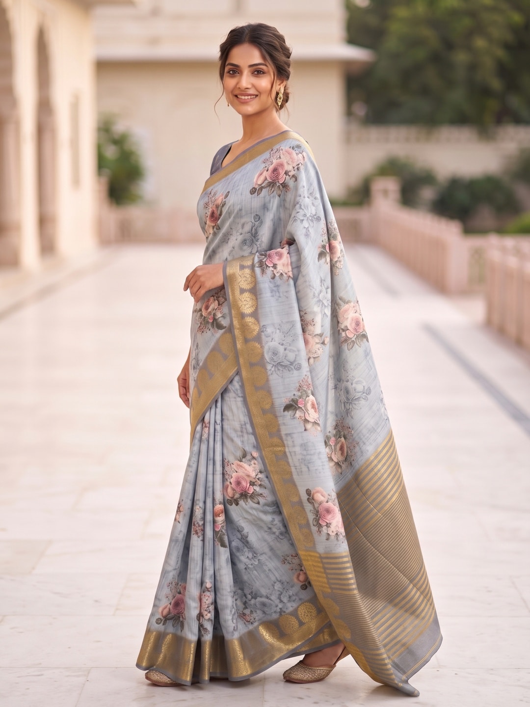 Peachmode Light Blue Pure Katan Silk Saree With Jacquard Weaving Pallu And Digital Floral Print - Image 3