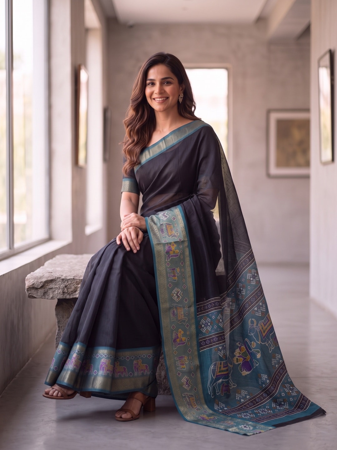 Peachmode Black Pure Monroe Silk Saree With Bentex Jacquard And Digital Print Pallu - Image 4