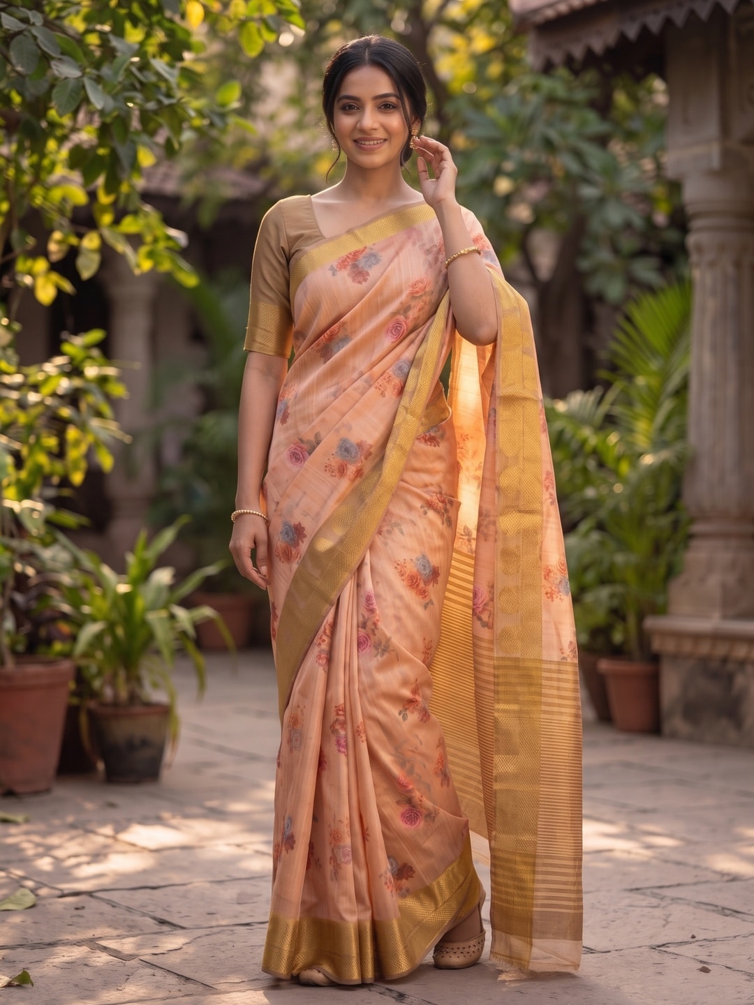 Peachmode Peach Pure Katan Silk Saree With Jacquard Weaving Pallu And Digital Floral Print - Image 4