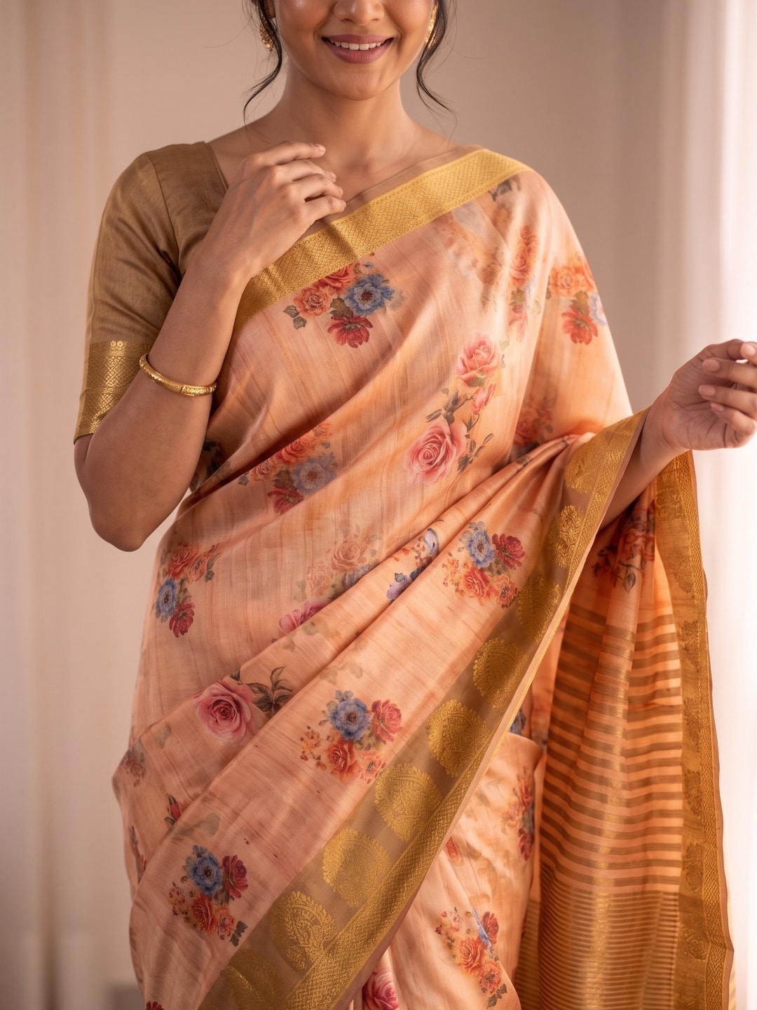 Peachmode Peach Pure Katan Silk Saree With Jacquard Weaving Pallu And Digital Floral Print - Image 5
