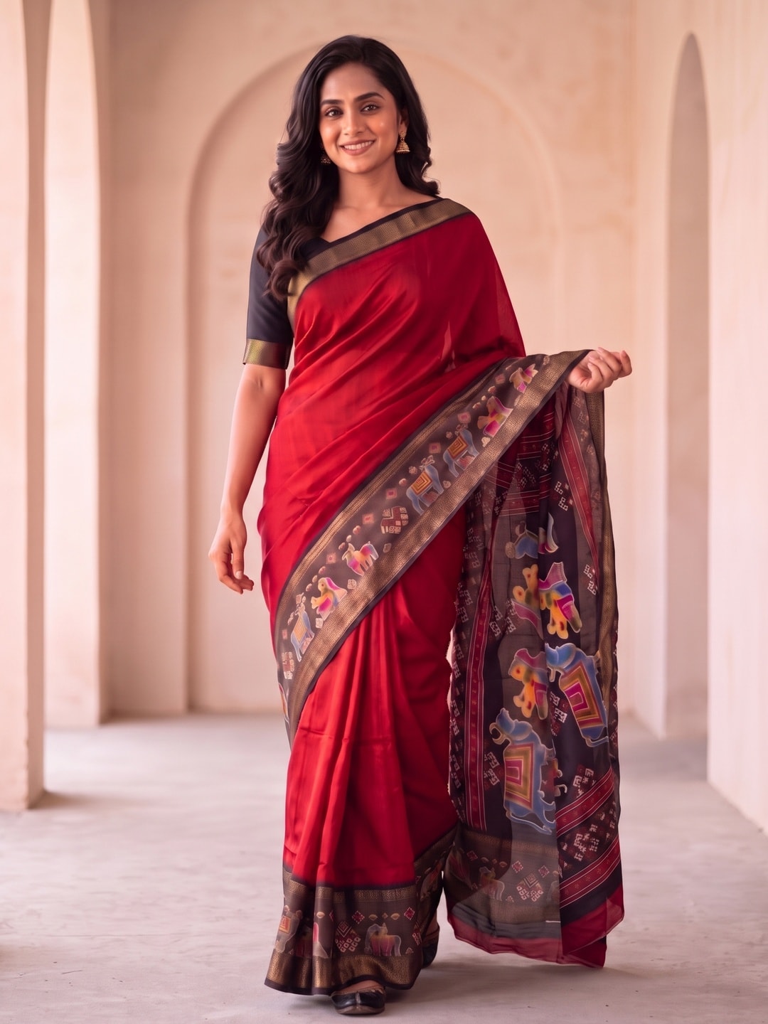 Peachmode Red Pure Monroe Silk Saree With Bentex Jacquard And Digital Print Pallu - Image 1