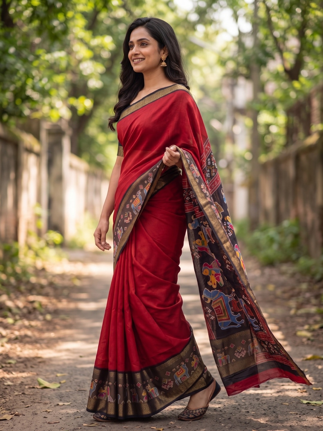 Peachmode Red Pure Monroe Silk Saree With Bentex Jacquard And Digital Print Pallu - Image 3