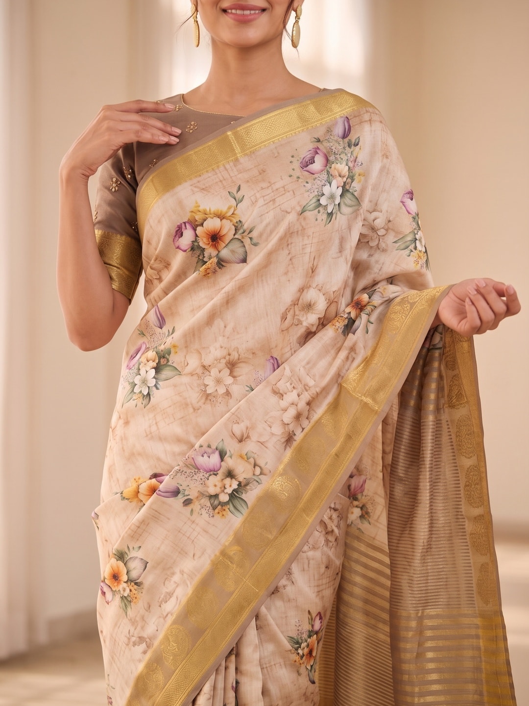 Peachmode Cream Pure Katan Silk Saree With Jacquard Weaving Pallu And Digital Floral Print - Image 5