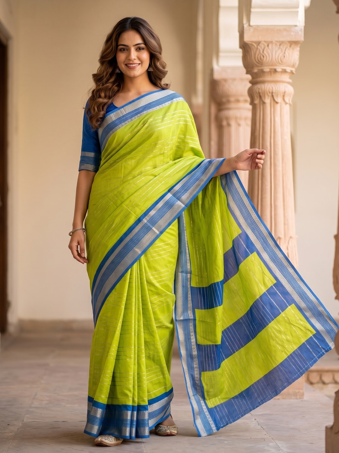 Peachmode Lime Green Pure Crepe Silk Saree With Jacquard And Dyed Colour Block Border Concept - Image 1