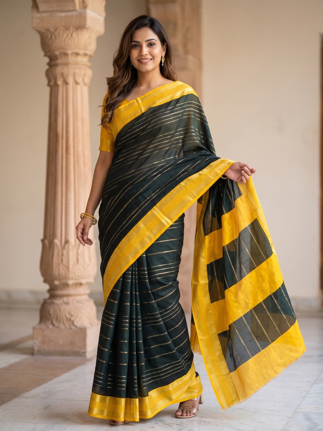 Peachmode Black Pure Crepe Silk Saree With Jacquard And Dyed Colour Block Border Concept - Image 1
