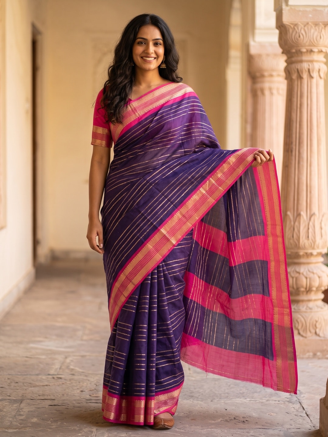 Peachmode Purple Pure Crepe Silk Saree With Jacquard And Dyed Colour Block Border Concept - Image 1
