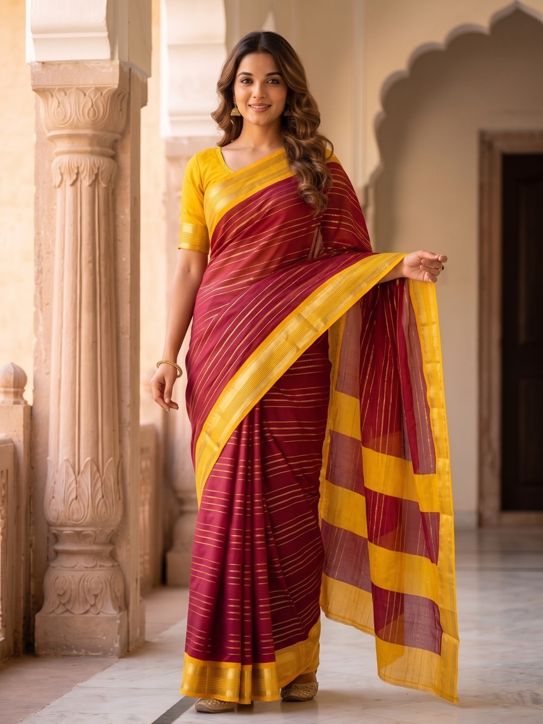 Peachmode Maroon Pure Crepe Silk Saree With Jacquard And Dyed Colour Block Border Concept - Image 1