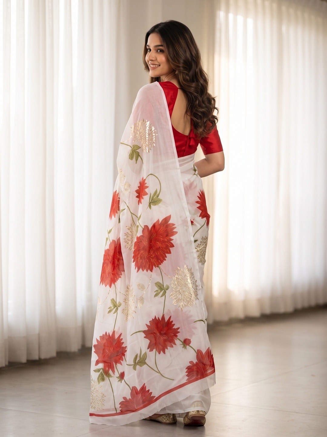 Peachmode Red Fine Viscose Georgette Saree With Fancy Floral Foil Print And Pure Silk Handwork Blouse - Image 2
