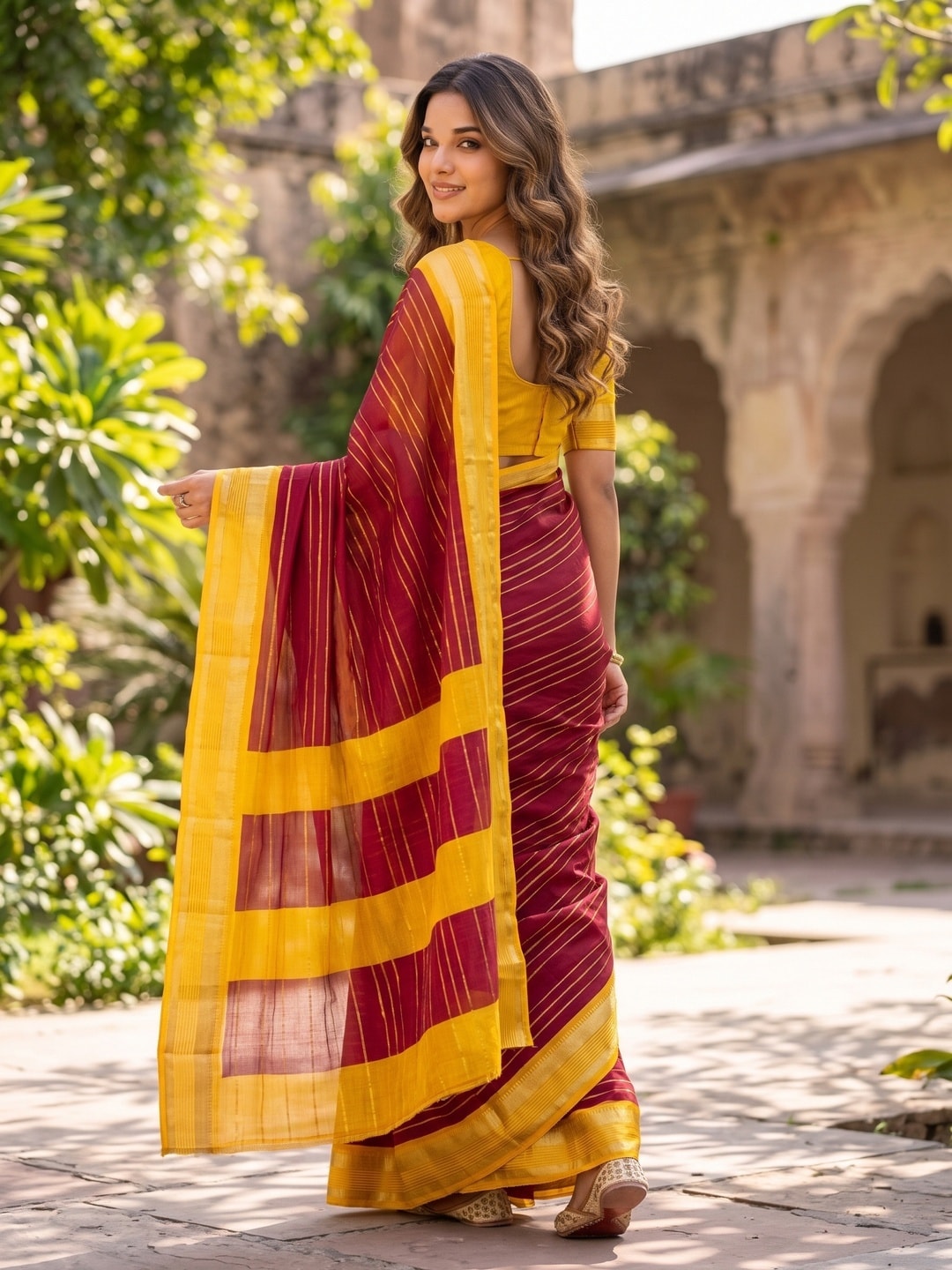 Peachmode Maroon Pure Crepe Silk Saree With Jacquard And Dyed Colour Block Border Concept - Image 2