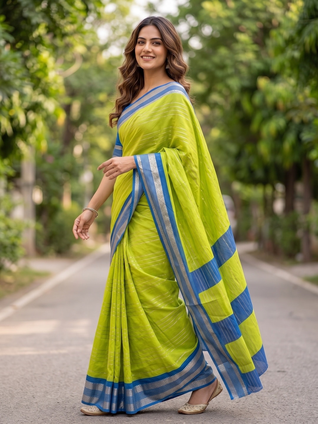 Peachmode Lime Green Pure Crepe Silk Saree With Jacquard And Dyed Colour Block Border Concept - Image 3