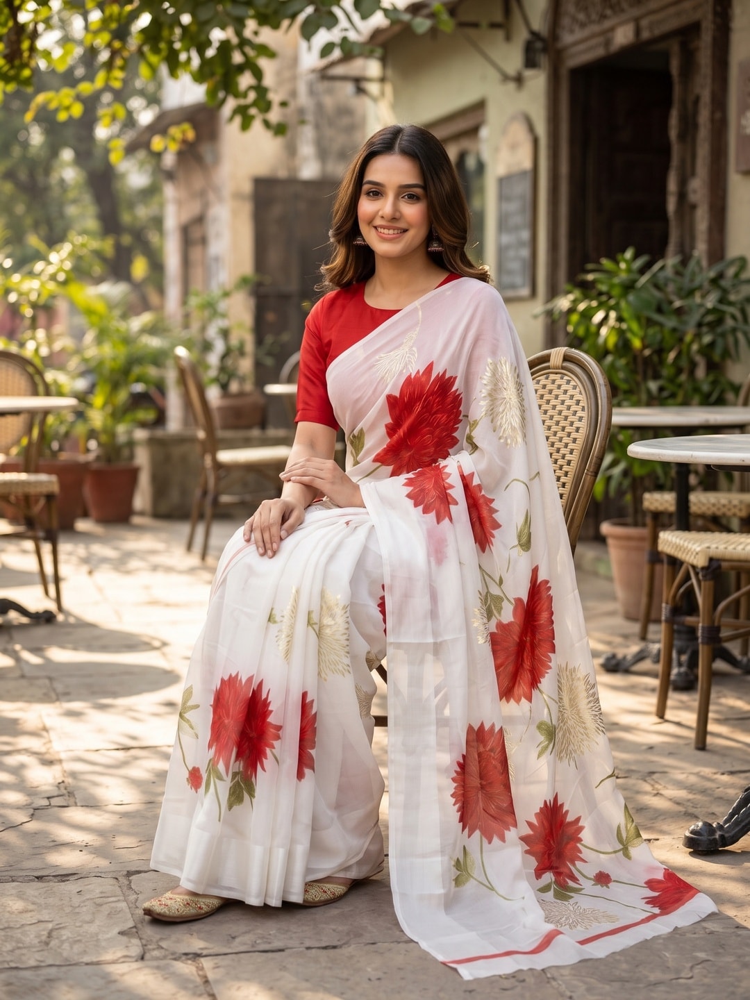 Peachmode Red Fine Viscose Georgette Saree With Fancy Floral Foil Print And Pure Silk Handwork Blouse - Image 4