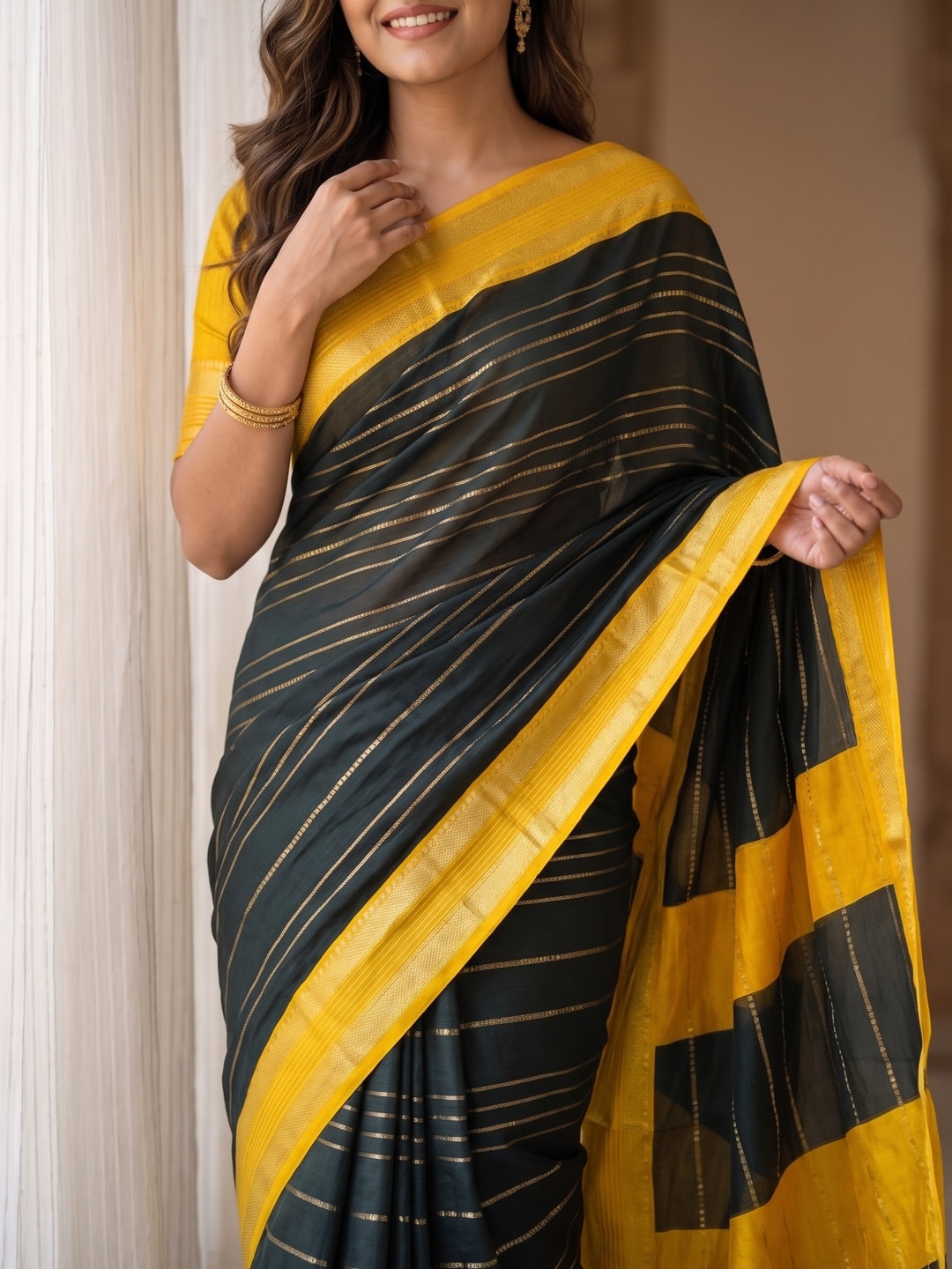 Peachmode Black Pure Crepe Silk Saree With Jacquard And Dyed Colour Block Border Concept - Image 5