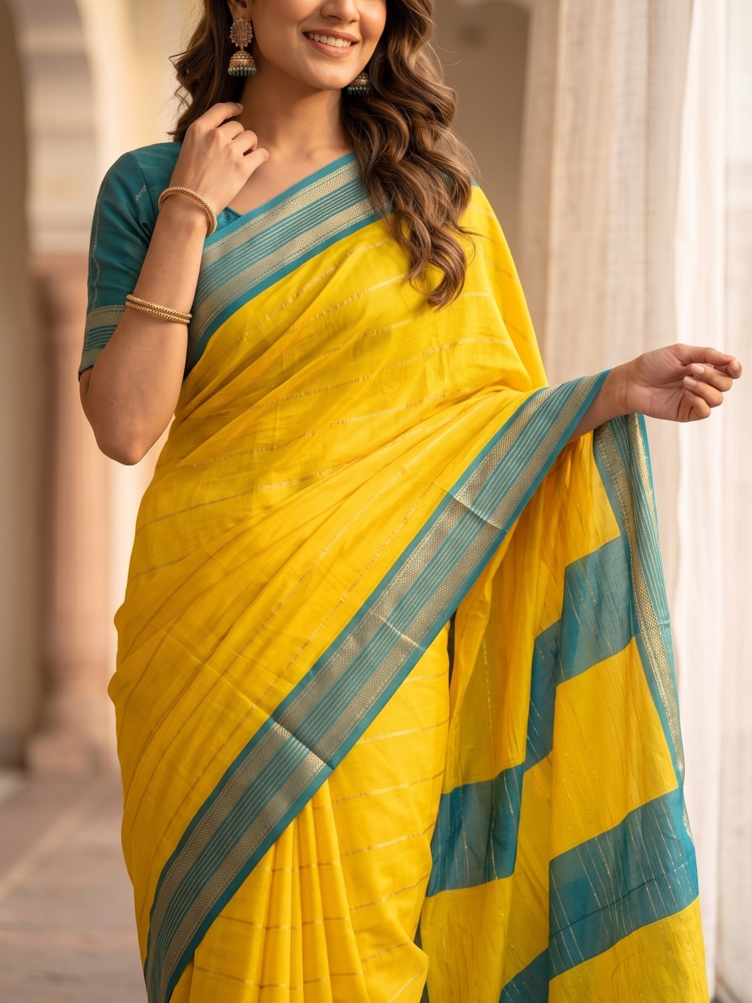 Peachmode Yellow Pure Crepe Silk Saree With Jacquard And Dyed Colour Block Border Concept - Image 5