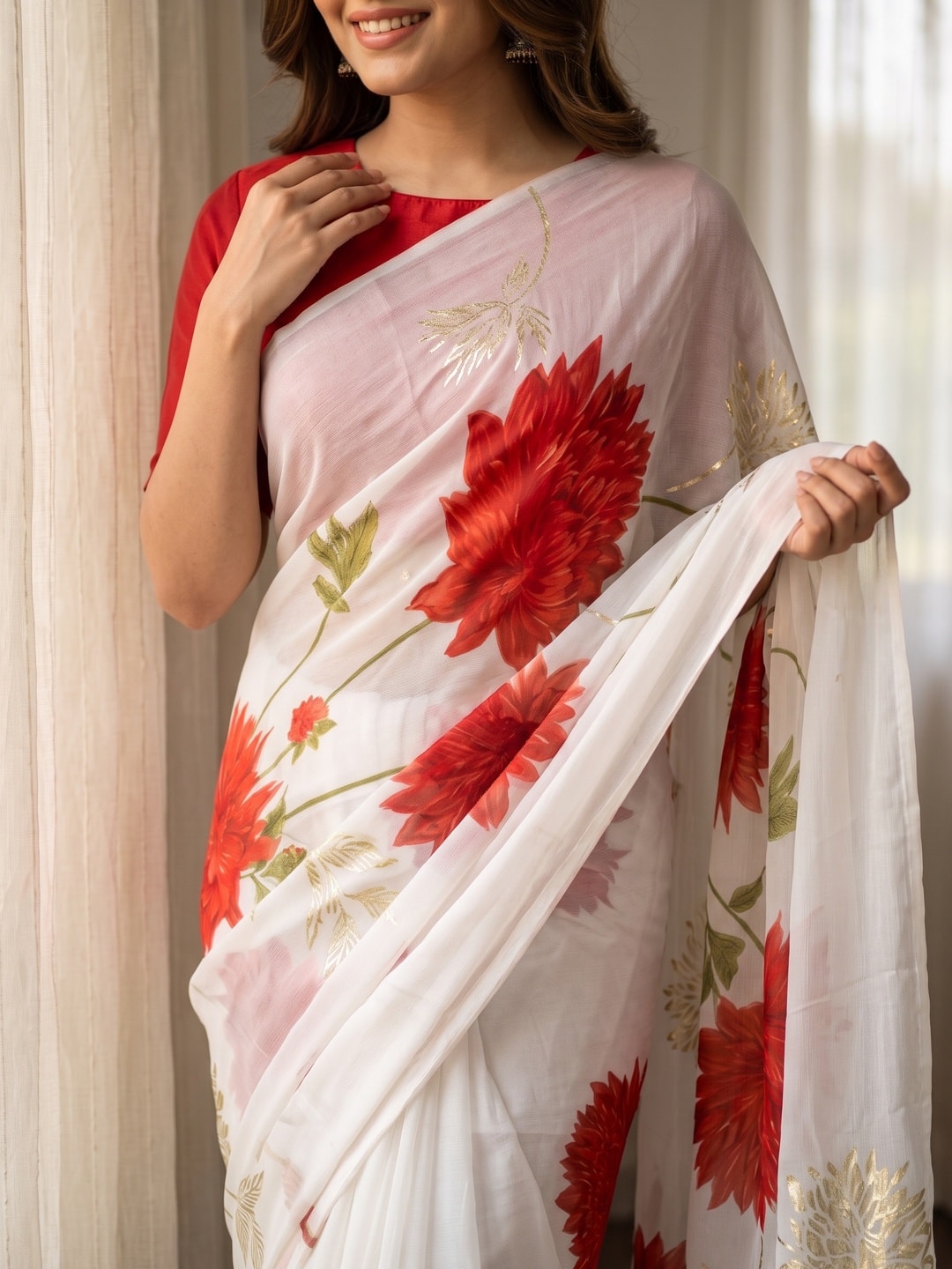Peachmode Red Fine Viscose Georgette Saree With Fancy Floral Foil Print And Pure Silk Handwork Blouse - Image 5