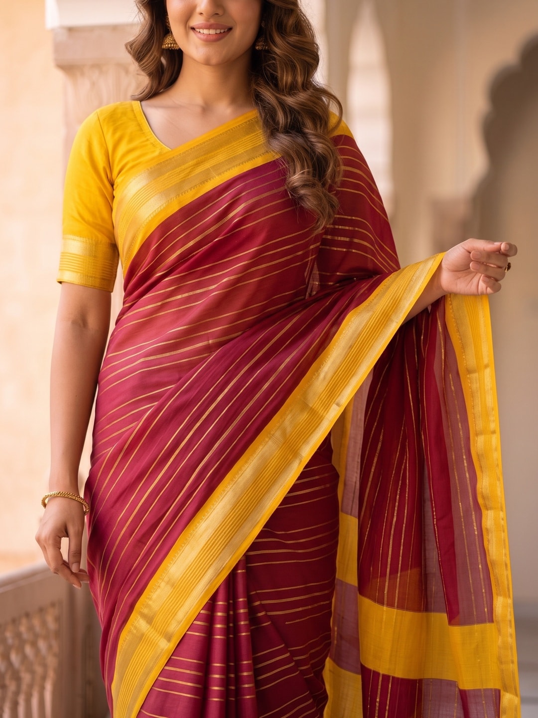 Peachmode Maroon Pure Crepe Silk Saree With Jacquard And Dyed Colour Block Border Concept - Image 5