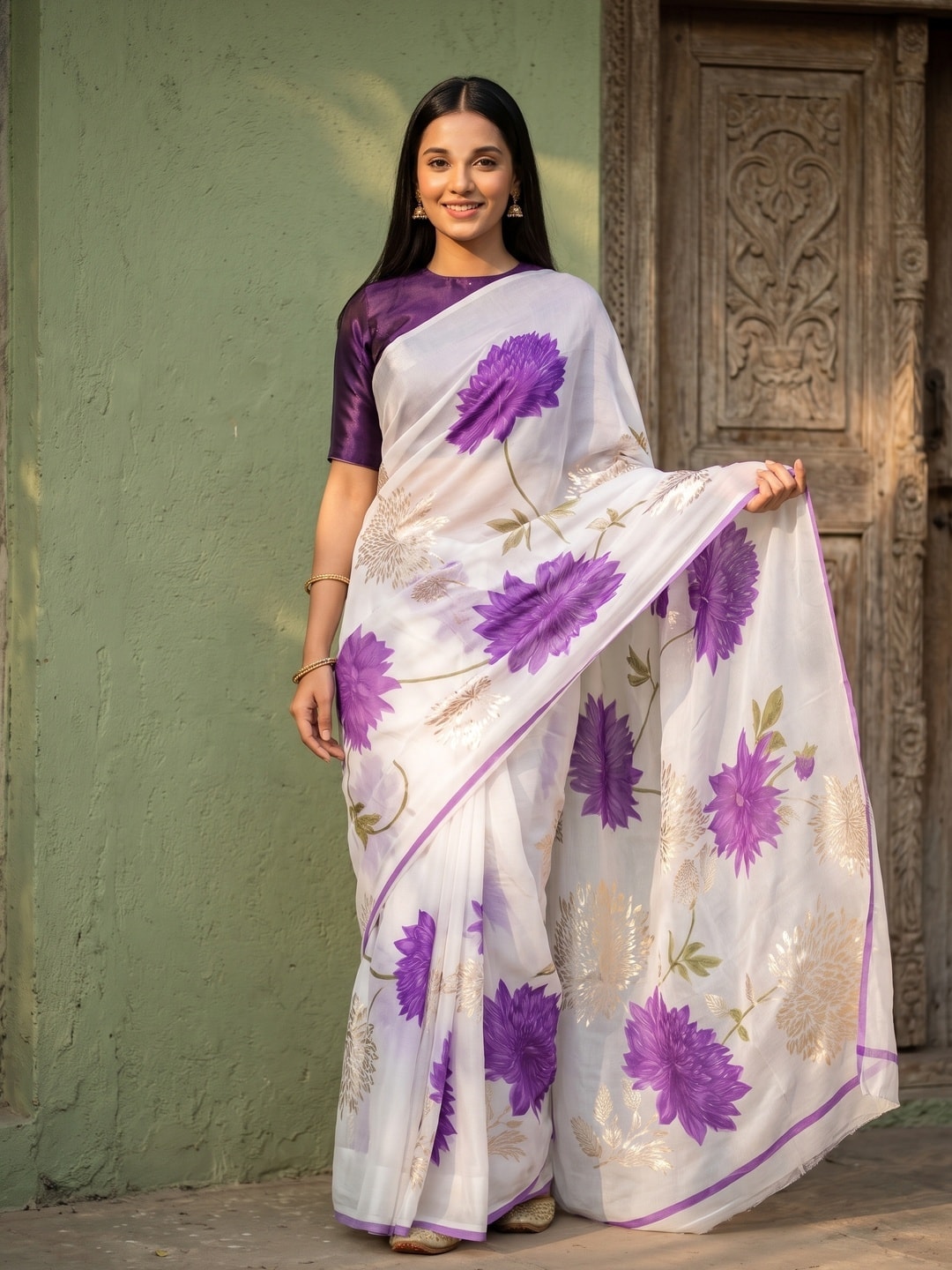 Peachmode Purple Fine Viscose Georgette Saree With Fancy Floral Foil Print And Pure Silk Handwork Blouse - Image 1