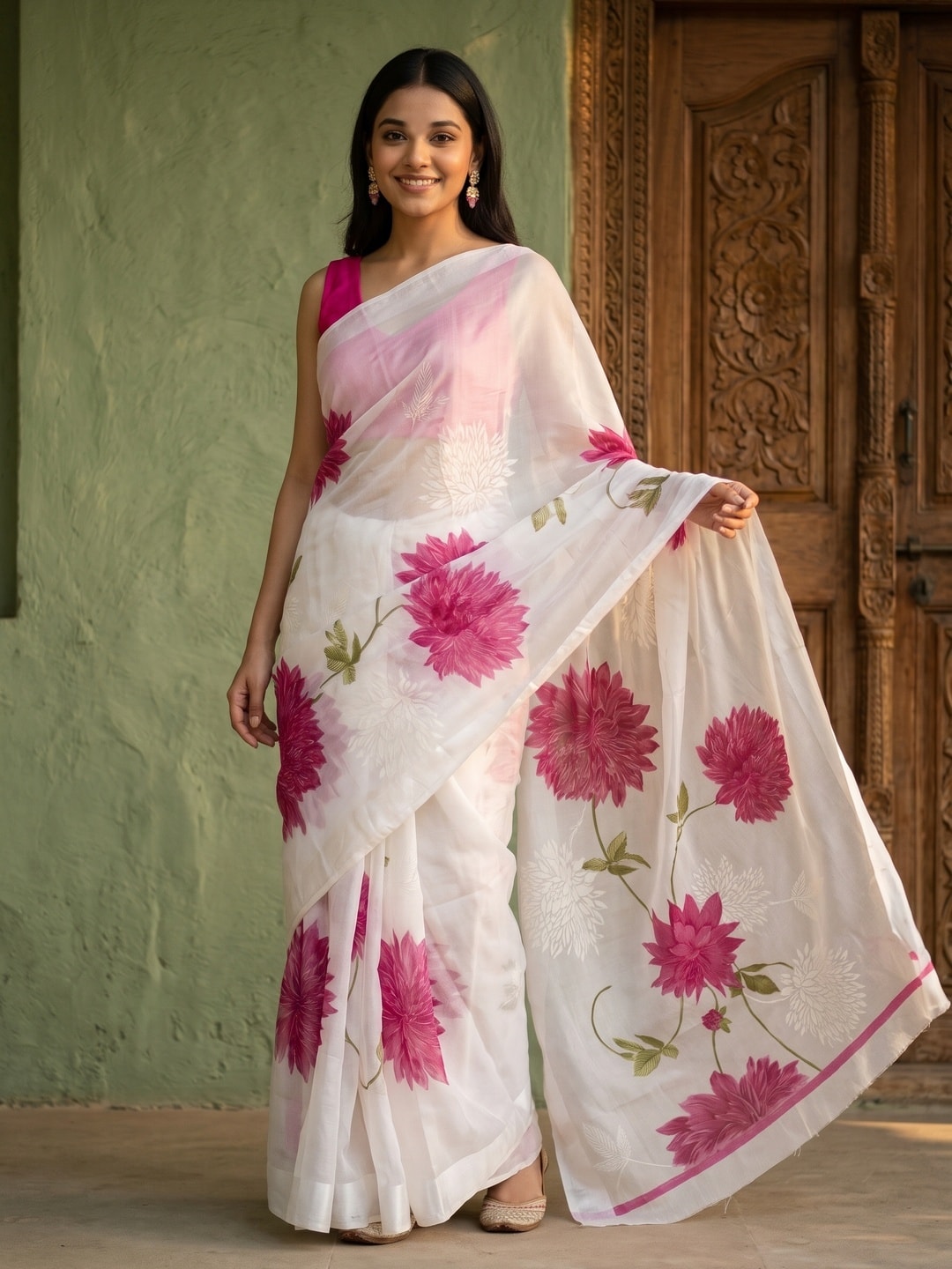 Peachmode Pink Fine Viscose Georgette Saree With Fancy Floral Foil Print And Pure Silk Handwork Blouse - Image 1
