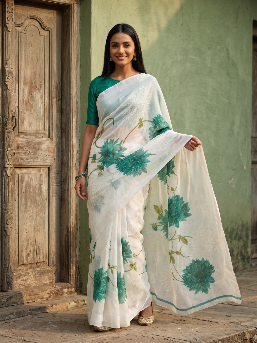 Peachmode Teal Fine Viscose Georgette Saree With Fancy Floral Foil Print And Pure Silk Handwork Blouse - Image 1