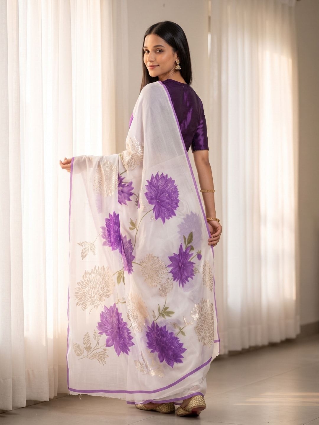 Peachmode Purple Fine Viscose Georgette Saree With Fancy Floral Foil Print And Pure Silk Handwork Blouse - Image 2