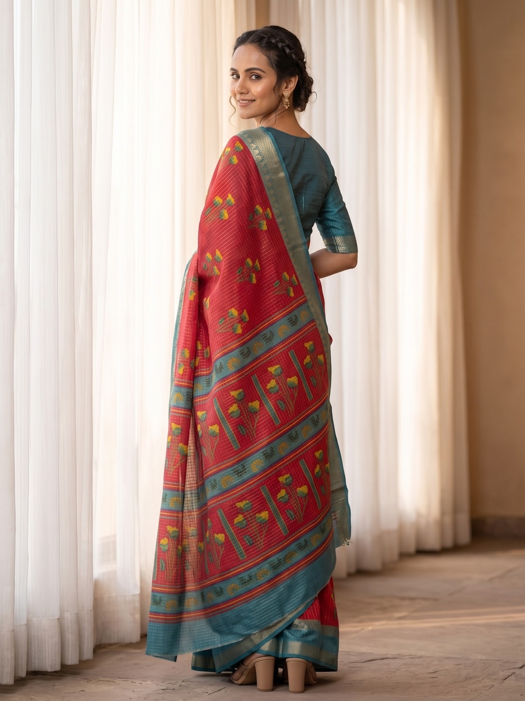 Peachmode Red Pure Cotton Silk Saree With Bentex Jacquard And Silky Floral Butta Print - Image 2