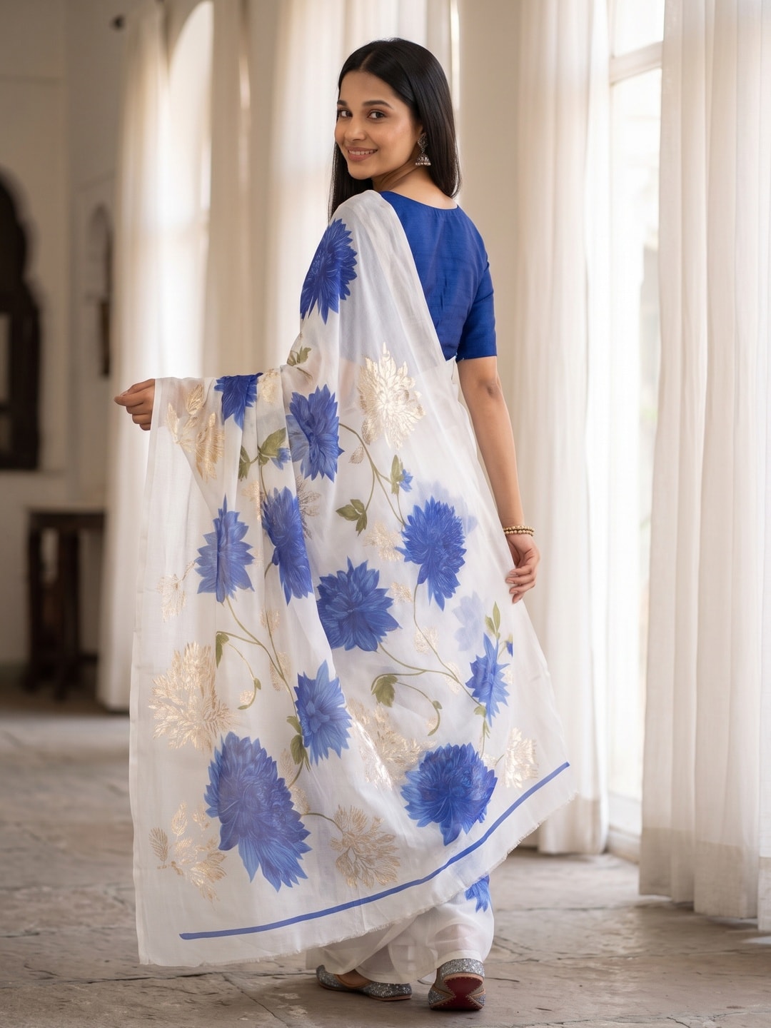 Peachmode Royal Blue Fine Viscose Georgette Saree With Fancy Floral Foil Print And Pure Silk Handwork Blouse - Image 2