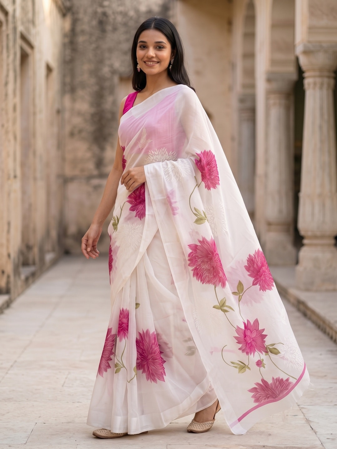 Peachmode Pink Fine Viscose Georgette Saree With Fancy Floral Foil Print And Pure Silk Handwork Blouse - Image 3