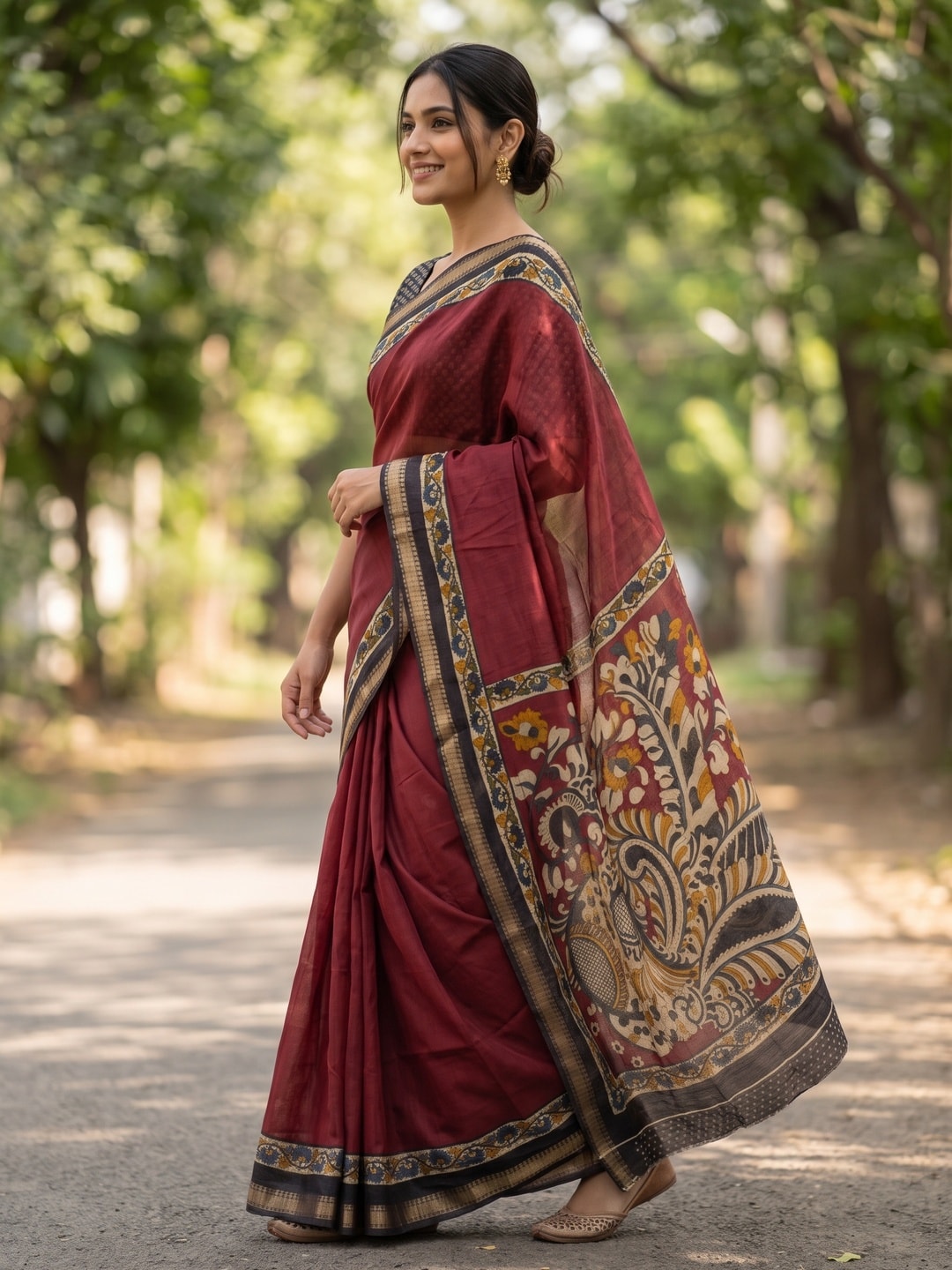 Peachmode Maroon Maheshwari Silk Viscose Printed Saree With Zari Border And Kalamkari Floral Pallu - Image 3