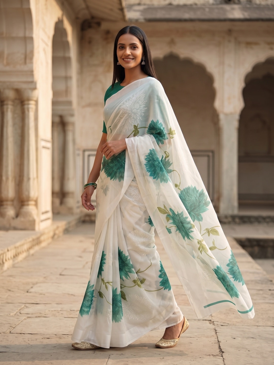 Peachmode Teal Fine Viscose Georgette Saree With Fancy Floral Foil Print And Pure Silk Handwork Blouse - Image 3