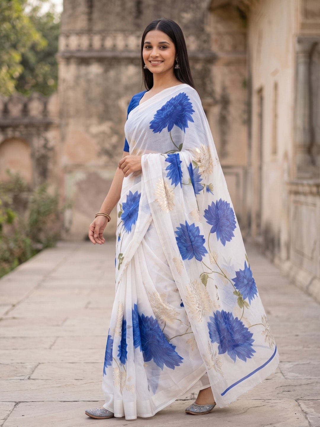Peachmode Royal Blue Fine Viscose Georgette Saree With Fancy Floral Foil Print And Pure Silk Handwork Blouse - Image 3