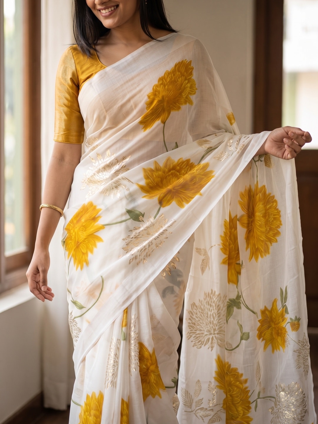 Peachmode Mustard Fine Viscose Georgette Saree With Fancy Floral Foil Print And Pure Silk Handwork Blouse - Image 5