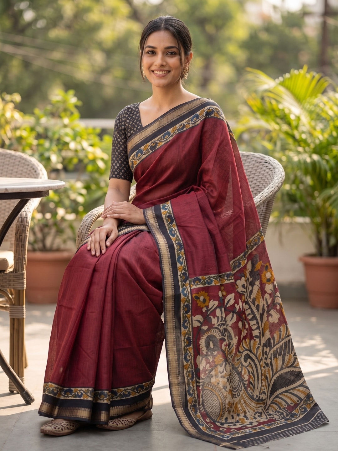 Peachmode Maroon Maheshwari Silk Viscose Printed Saree With Zari Border And Kalamkari Floral Pallu - Image 4