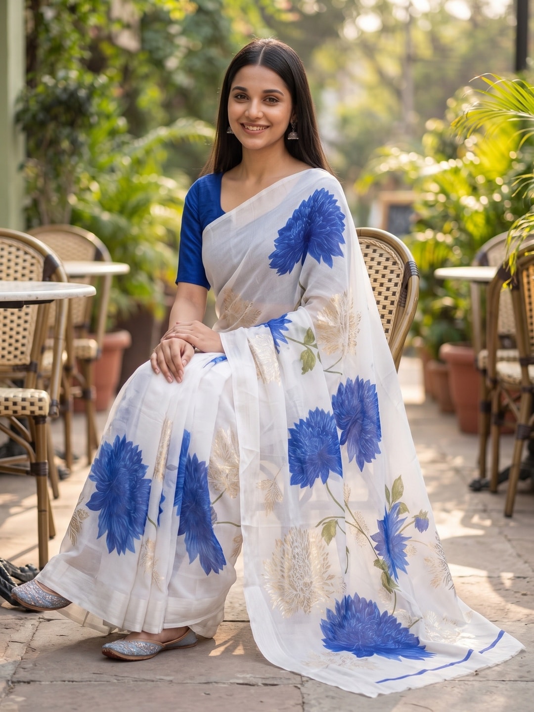 Peachmode Royal Blue Fine Viscose Georgette Saree With Fancy Floral Foil Print And Pure Silk Handwork Blouse - Image 4
