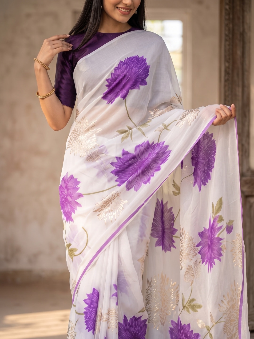 Peachmode Purple Fine Viscose Georgette Saree With Fancy Floral Foil Print And Pure Silk Handwork Blouse - Image 5