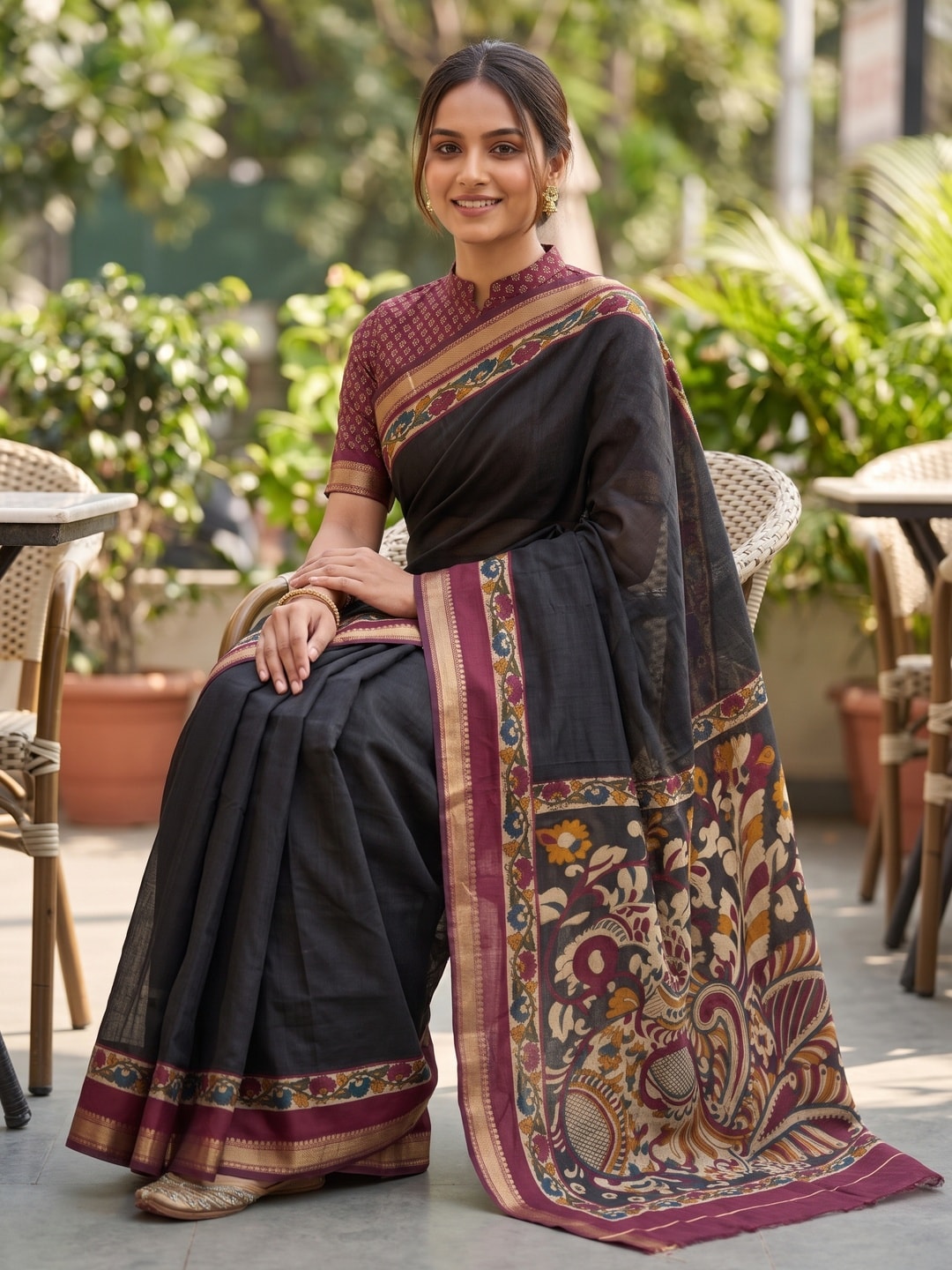 Peachmode Black Maheshwari Silk Viscose Printed Saree With Zari Border And Kalamkari Floral Pallu - Image 4