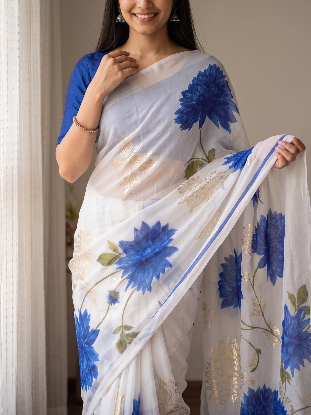 Peachmode Royal Blue Fine Viscose Georgette Saree With Fancy Floral Foil Print And Pure Silk Handwork Blouse - Image 5