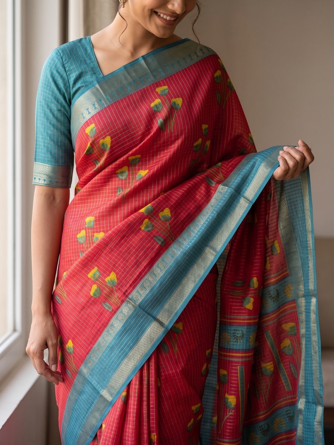 Peachmode Red Pure Cotton Silk Saree With Bentex Jacquard And Silky Floral Butta Print - Image 5