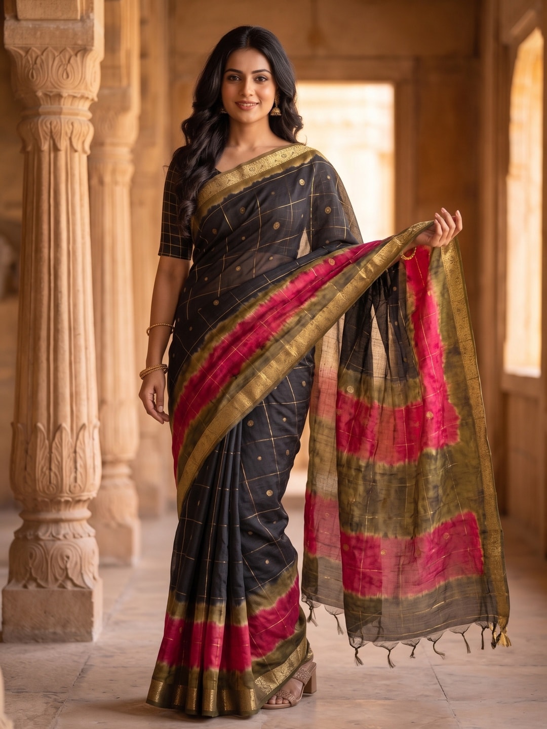 Peachmode Black Pure Cotton Silk Saree With Bentex Jacquard And Shiburi Tie-Dye Print - Image 1