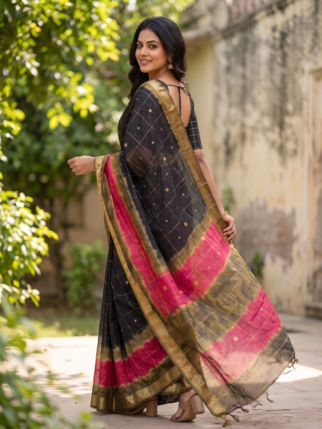 Peachmode Black Pure Cotton Silk Saree With Bentex Jacquard And Shiburi Tie-Dye Print - Image 2