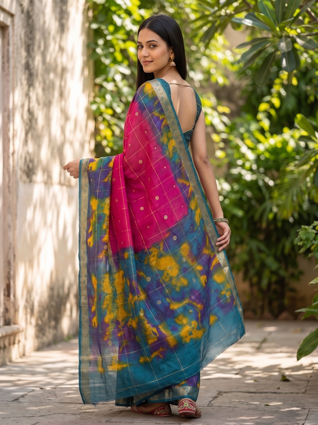 Peachmode Rani Pure Cotton Silk Saree With Bentex Jacquard And Shiburi Tie-Dye Print - Image 2