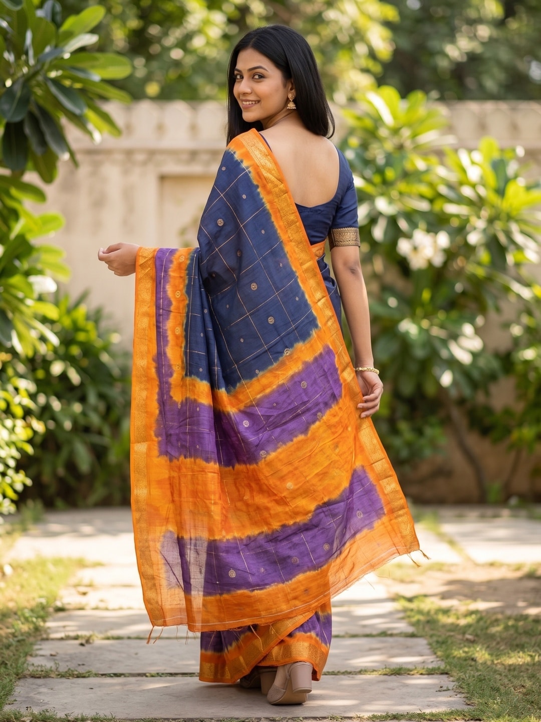 Peachmode Navy Blue Pure Cotton Silk Saree With Bentex Jacquard And Shiburi Tie-Dye Print - Image 2