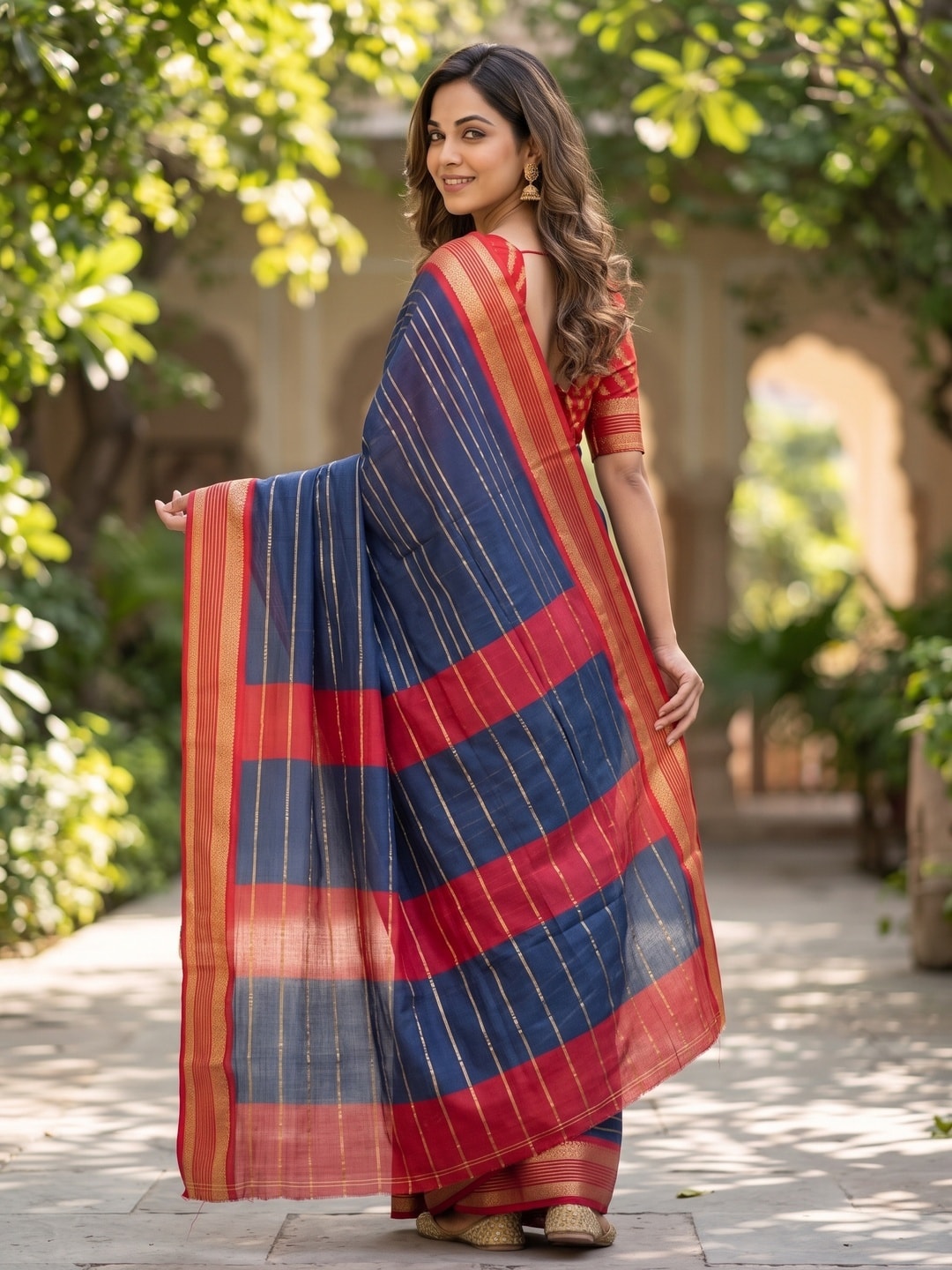 Peachmode Navy Blue Pure Crepe Silk Saree With Jacquard And Dyed Colour Block Border Concept - Image 2