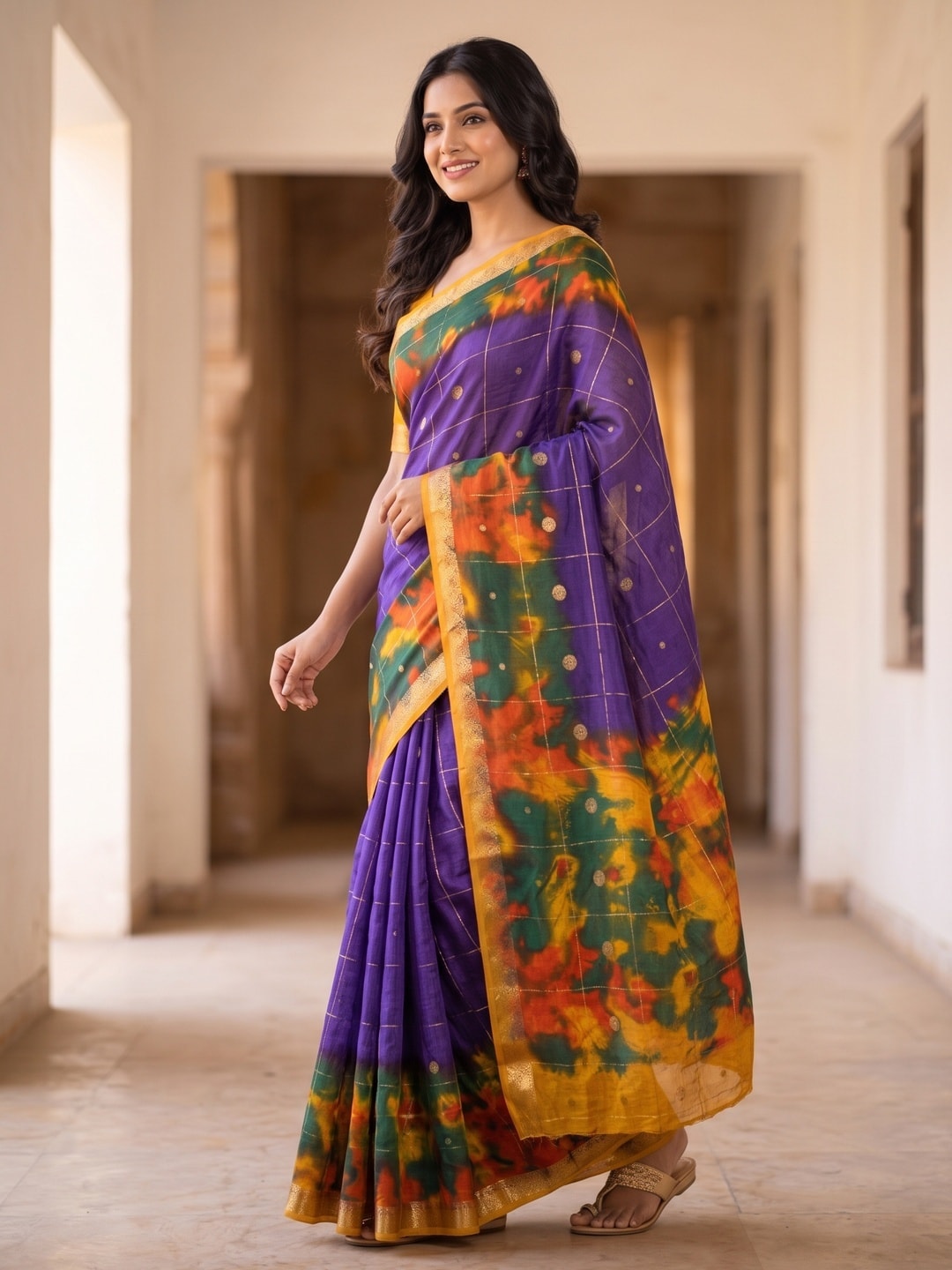 Peachmode Violet Pure Cotton Silk Saree With Bentex Jacquard And Shiburi Tie-Dye Print - Image 3
